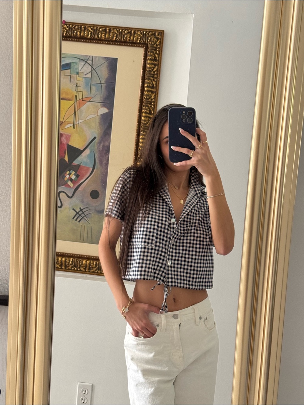 Checkered Navy and White Button Blouse